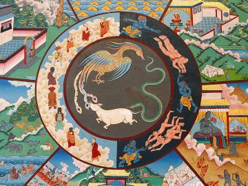Wheel of life (wheel of Samsara) showing rooster, snake and pig, Kopan monastery, Kathmandu, Nepal, Asia