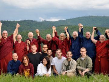 First is at the abbey, and all the members. The abbess, Ven. Thubten Chodron is top row, 5th in from the right. Ven. Thubten Chodron, top row, third in from left. (both are voices in the article). Nuns are with 2012 summer student program at abbey. Courtesy of Julie Krug