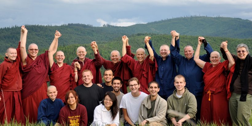 First is at the abbey, and all the members. The abbess, Ven. Thubten Chodron is top row, 5th in from the right. Ven. Thubten Chodron, top row, third in from left. (both are voices in the article). Nuns are with 2012 summer student program at abbey. Courtesy of Julie Krug